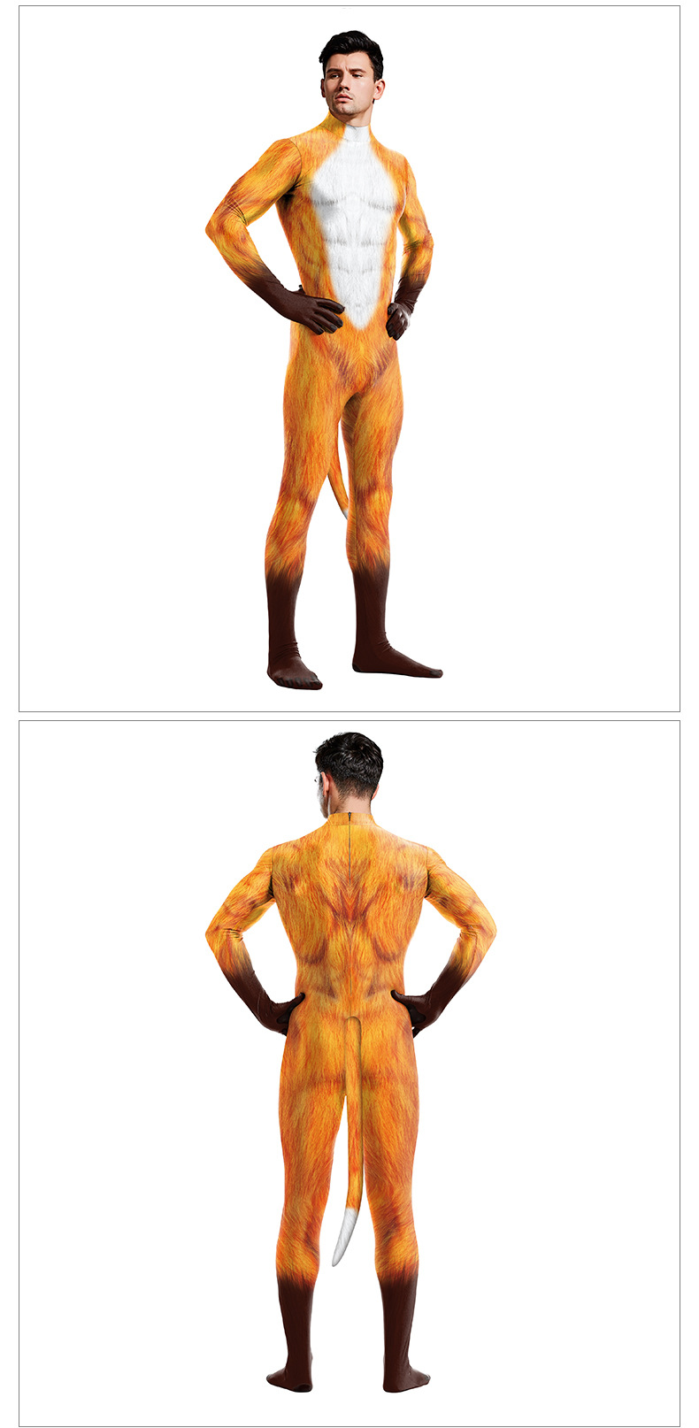 fox catsuit for male with tail - front and back