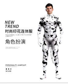 milk cow 3d print bodysuit for male with tail Crotch Zipper closure