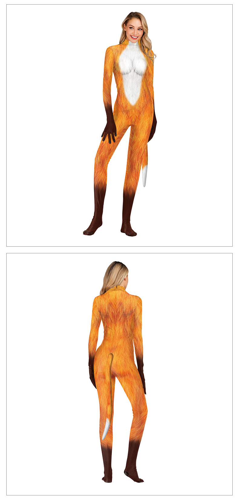 women's sexy fox animal 3d print catsuit with tail for ladies - product model show -front and back