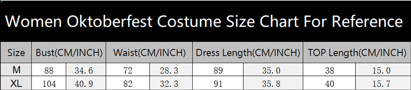 1557-1558 Women Oktoberfest Costume Size Chart