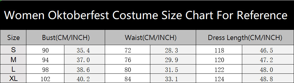 sku 19012 Women Oktoberfest Costume Size Chart