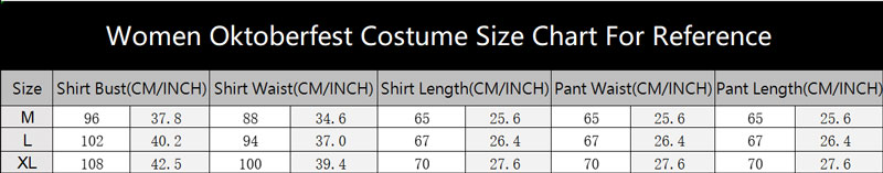 sku 2023 Women Oktoberfest Costume Size Chart