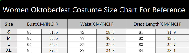 sku 31643 Women Oktoberfest Costume Size Chart