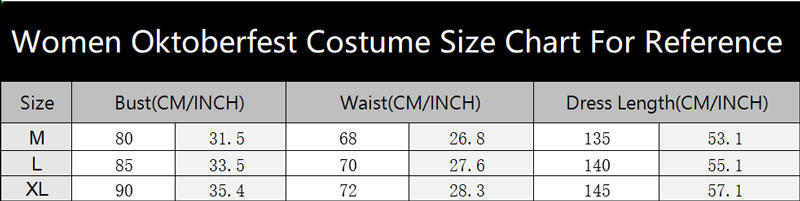 sku 3320 Women Oktoberfest Costume Size Chart