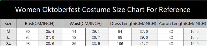 sku 3341 Women Oktoberfest Costume Size Chart