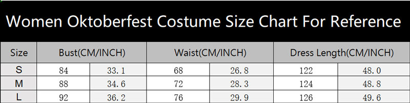 sku 3627 Women Oktoberfest Costume Size Chart