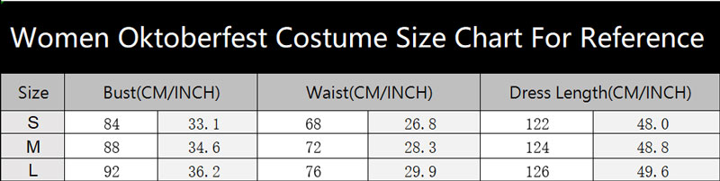 sku 3627 Women Oktoberfest Costume Size Chart