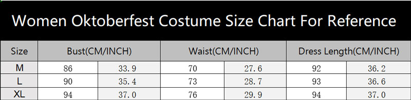 sku 4122 Women Oktoberfest Costume Size Chart