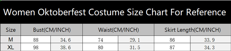 sku 4299 Women Oktoberfest Costume Size Chart