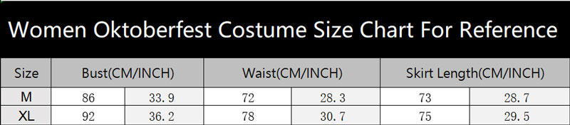 sku 4333 Women Oktoberfest Costume Size Chart