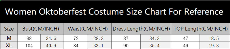 sku 4519 Women Oktoberfest Costume Size Chart
