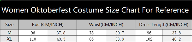 sku 4521 Women Oktoberfest Costume Size Chart