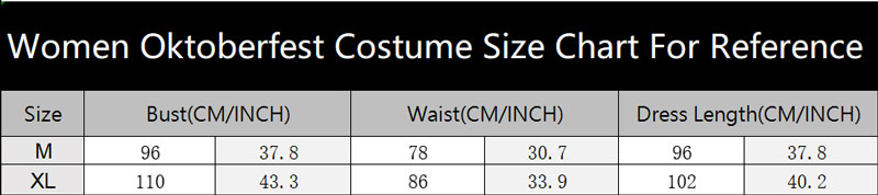 sku 4521 Women Oktoberfest Costume Size Chart