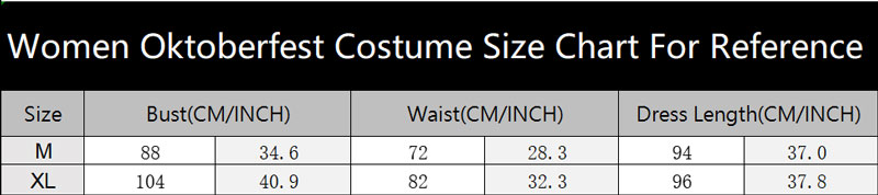 sku 4535 Women Oktoberfest Costume Size Chart