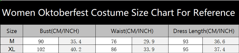 sku 4610 Women Oktoberfest Costume Size Chart