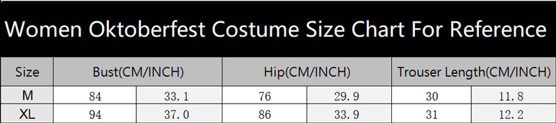 sku 5845 Women Oktoberfest Costume Size Chart