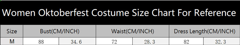 sku 5928 Women Oktoberfest Costume Size Chart