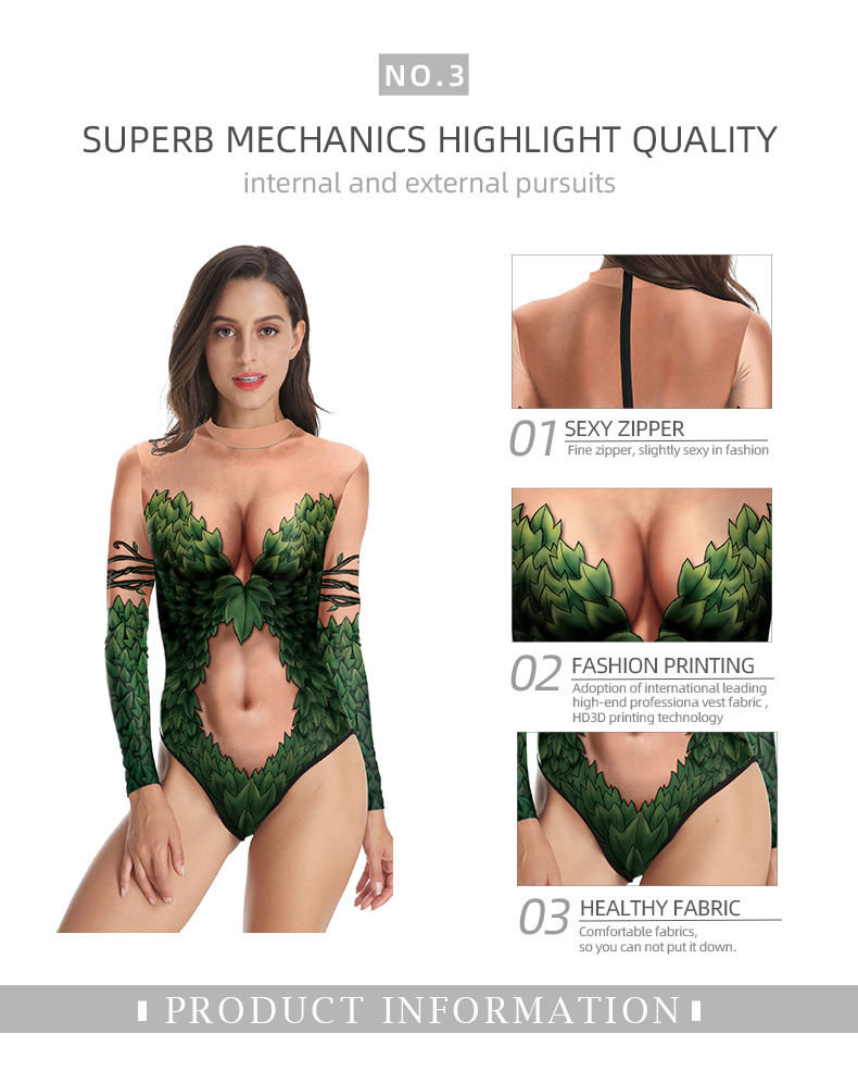 Long Sleeve zipper closure DC Comic Poison Ivy One Piece Sexy Swimsuit For Womens