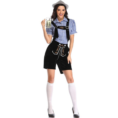 Women Oktoberfest Dirndl Costume Plaid German Beer Festival Cosplay