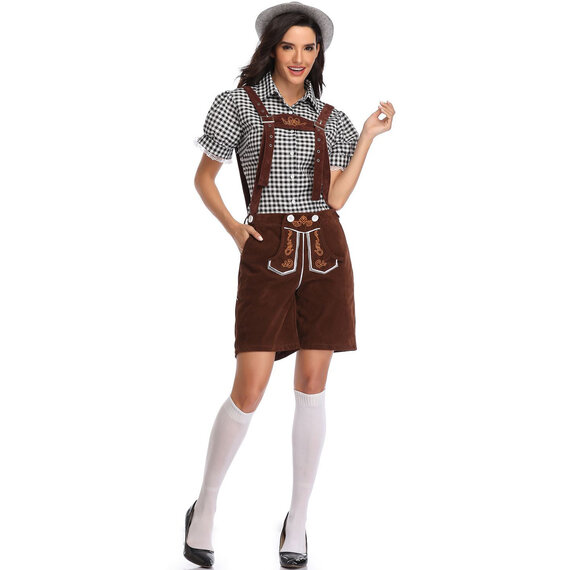 Authentic German Lederhosen for ladies Oktoberfest Outfit Coffee with grey blouse