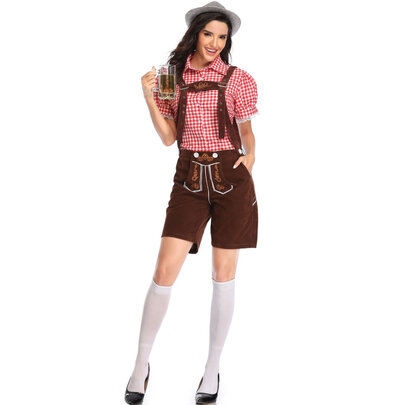 all-in-one lederhosen and a ruffled red shirt