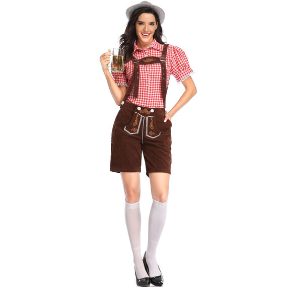 Womens Lederhosen Shorts with red shirt for beer festival and halloween