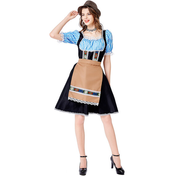 Traditional Bavarian Oktoberfest Carnival Halloween Costumes plaided tie waist dress