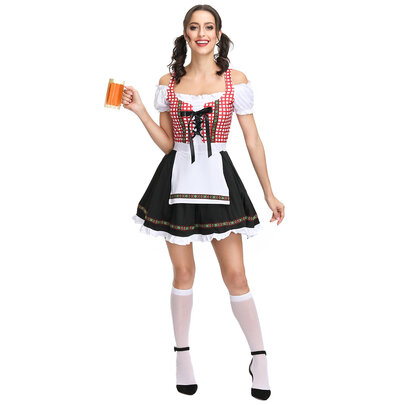 Women's Beer Garden Babe Oktoberfest Costume Features a gingham German peasant dress with lace up detail