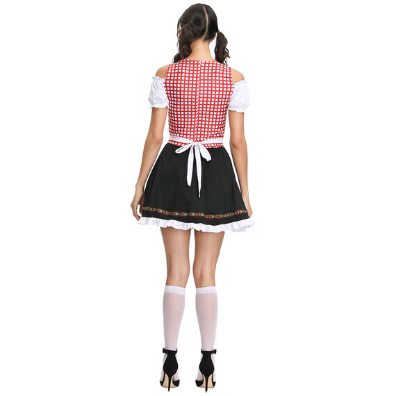 Oktoberfest dress for ladies Features attached apron and festive floral ribbon trim