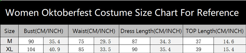 sku 1554 Women Oktoberfest Costume Size Chart