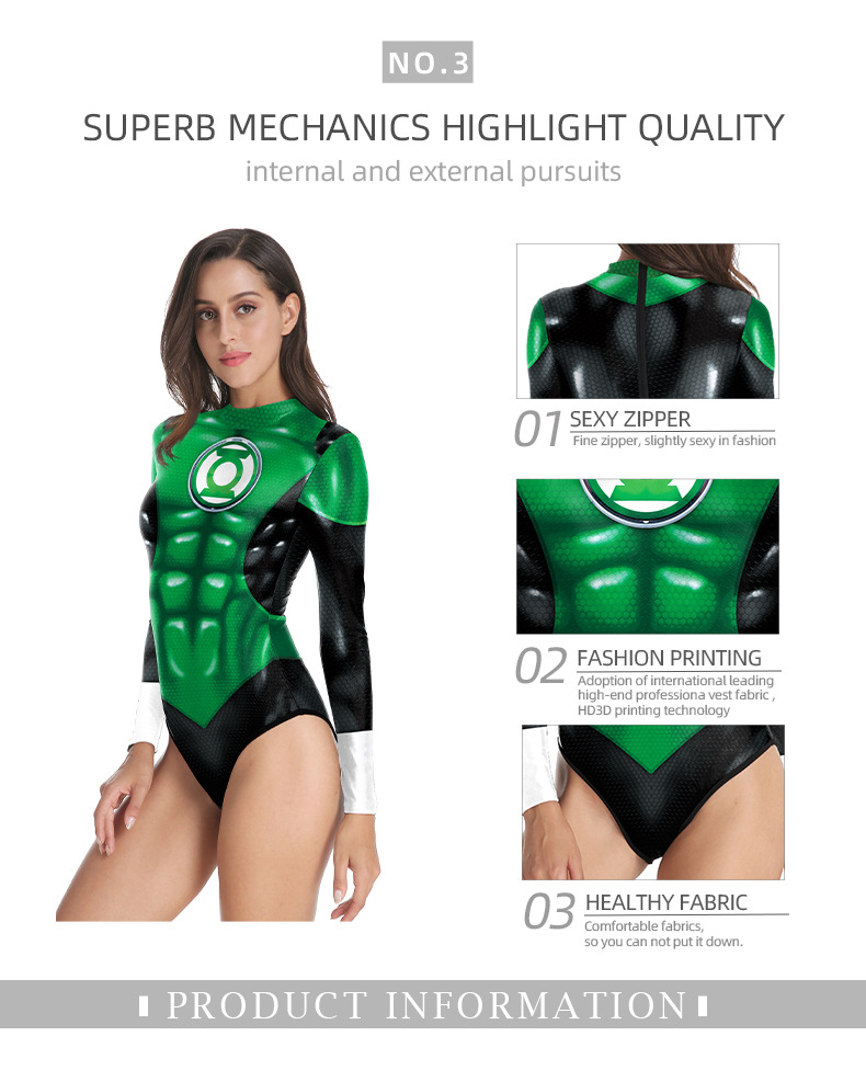 long sleeve zipper closure dc comic superhero green lantern One-Piece sexy bathing suit for ladies