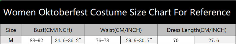 sku 3167 Women Oktoberfest Costume Size Chart