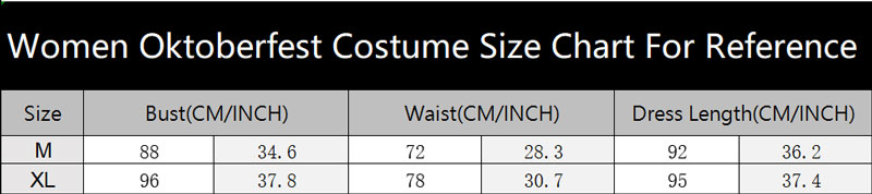 sku 7107 Women Oktoberfest Costume Size Chart