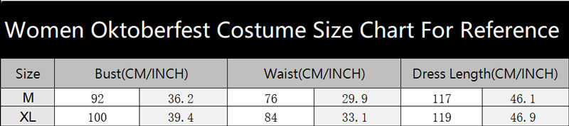 sku 7139 Women Oktoberfest Costume Size Chart