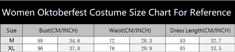 sku 7141 Women Oktoberfest Costume Size Chart