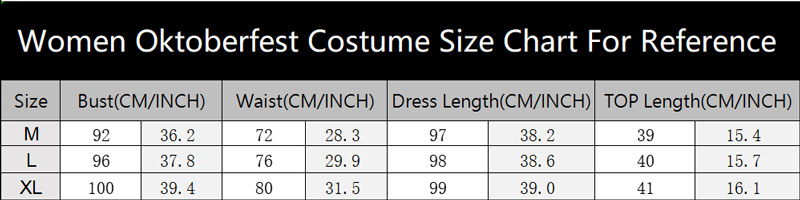 sku 7193 Women Oktoberfest Costume Size Chart