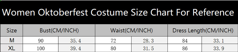 sku 7208 Women Oktoberfest Costume Size Chart