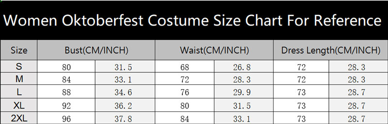 sku 8032 Women Oktoberfest Costume Size Chart