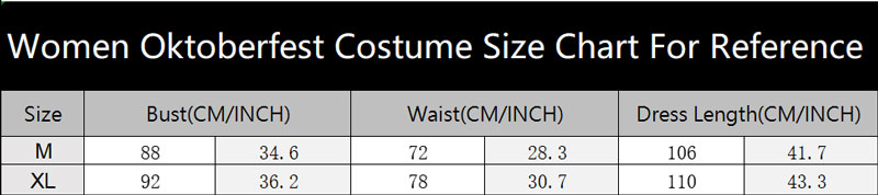 sku 8113 8114 Women Oktoberfest Costume Size Chart