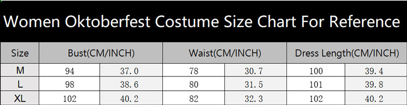 sku 8165 Women Oktoberfest Costume Size Chart