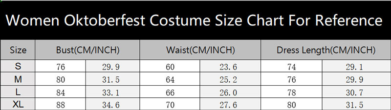 sku 9046A Women Oktoberfest Costume Size Chart