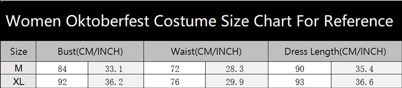 sku 9053 Women Oktoberfest Costume Size Chart