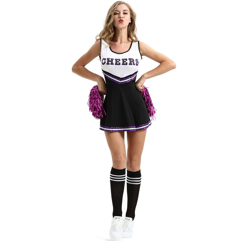 School Girls Cheerleader Costume With Pom-Pom Black - PKAWAY