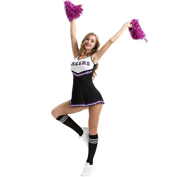 Womens Cheerleader Costume High School Girl Halloween Party Complete Cheerleading Outfit with pom-pom