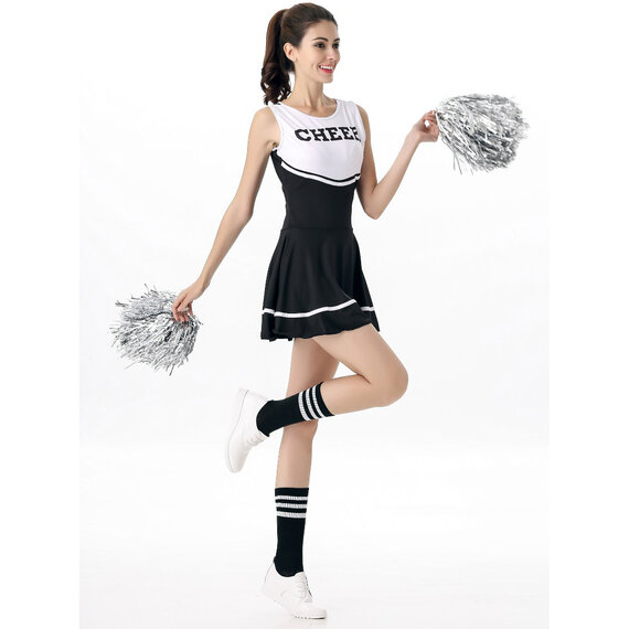 black cheerleader costume with two pom-poms for school girls
