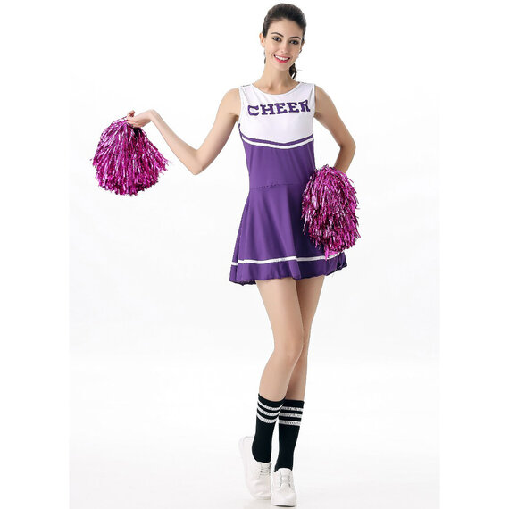 One piece Cheerleading uniform fancy dress purple with two pom-poms