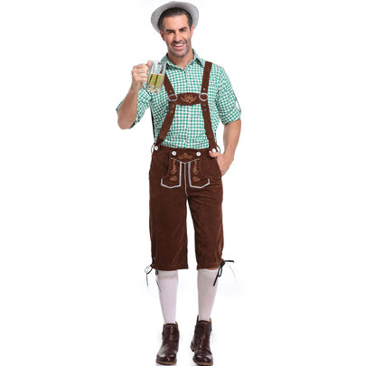 black Lederhosen green shirt Mens Bavarian German Beer Costume