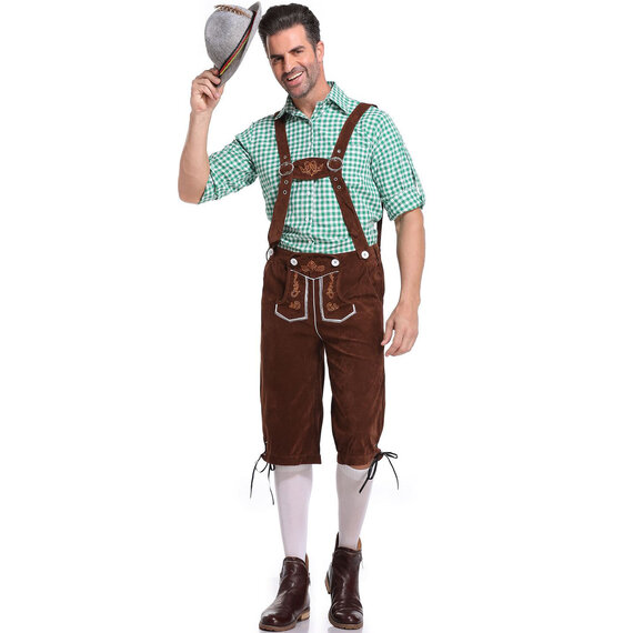 Men's Oktoberfest Beer Festival Costume with hat,green shirt and black Lederhosen