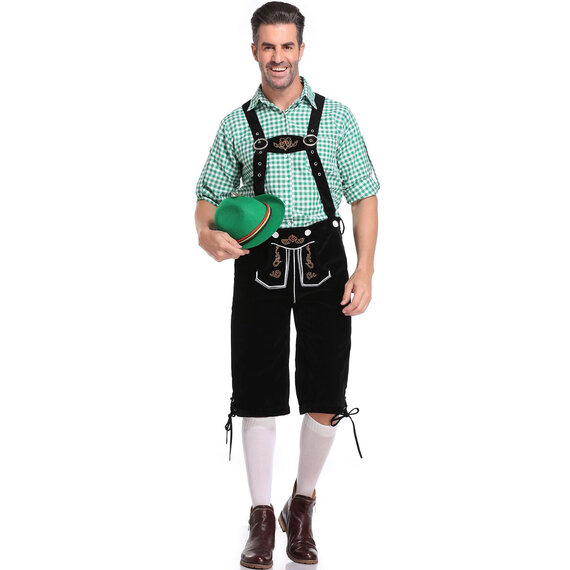Bavarian Oktoberfest Beer Mens Costume coffee pants and green shirt