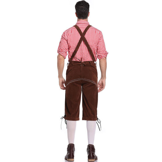 Men's 3 Piece Oktoberfest Lederhosen Costume with hat red shirt and black Lederhosen